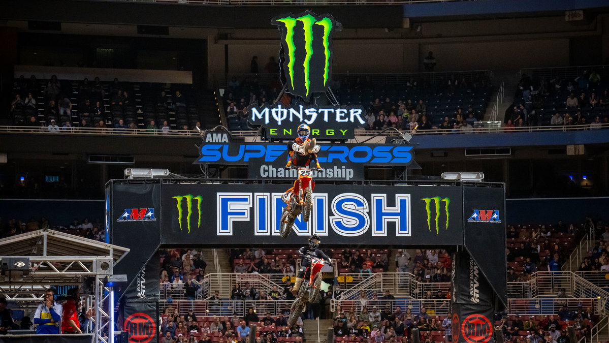 Marvin Musquin celebrates 2022 St. Louis Supercross win. - KTM Media/Align Media.